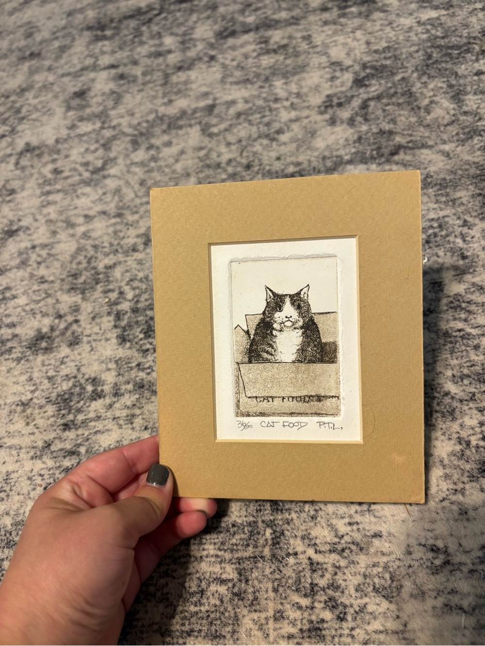 Vintage Handmade Cat Lady Neutral Tan Cat Art Print in Mat